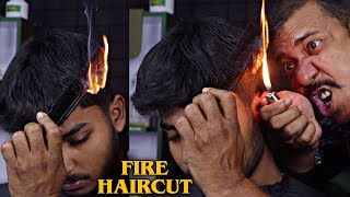 Fire Haircut by Asim Barber  Amazing Indian Hair Style  Firecut ASMR [upl. by Lipp792]