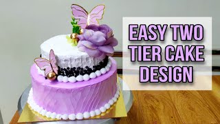 Easy Two Tier Cake Design  Tips and Tricks for Two Tier Cake  Simple Cake Decoration [upl. by Dlorad]