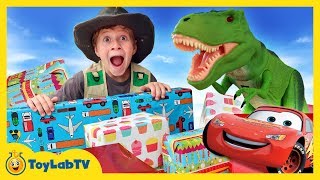 Giant Surprise Toys for TRex Dinosaur Toy Search with Cars 3 Toys in Family Fun Video for Kids [upl. by Petras678]