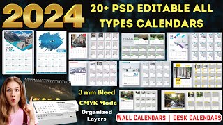 2024 Editable PSD 20 Calendars Designs  Wall Calendar amp Desk Calendars  Ready to Print [upl. by Fleischer]