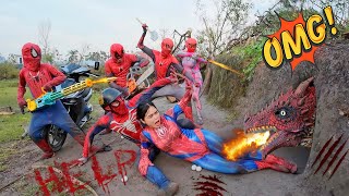 The brave SpiderMan superhero team uses a chainsaw to confront the ferocious fire dragon [upl. by Maximilian]