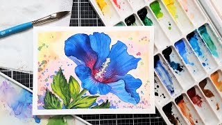 Lets Paint a Hibiscus Flower in Watercolor with Just 1 Brush open drip technique EASY [upl. by Heyde]