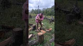 Splitting wood with an axe 30 splittingfirewood [upl. by Layol]