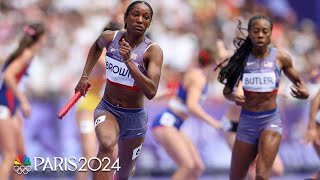 US women 4x400 relay team throttle to convincing victory in heat 1  Paris Olympics  NBC Sports [upl. by Nylirak]