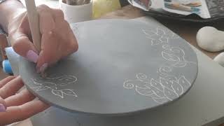 makingceramicsclayart Part 2 Sgraffito on a ceramic cake stand [upl. by Nitaf]