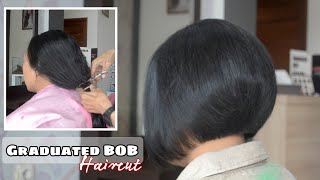 BOB HAIRCUTgraduationtutorial LONG TO SHORT hairtransformation potong rambut bob [upl. by Christmann]