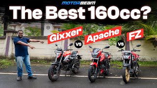 Best 160cc Bike TVS Apache RTR 160 2V vs Suzuki Gixxer 155 vs Yamaha FZS V4  MotorBeam [upl. by Esinev]