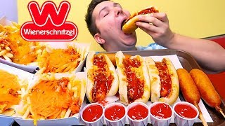 Chili Cheese Fries Cheesy Corn Dogs Chili Cheese Hot Dogs • MUKBANG [upl. by Christmann580]